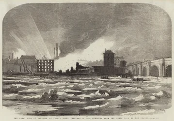 テムズ川北岸からスケッチされた1855年2月16日金曜日の夜のバンクサイドの大火